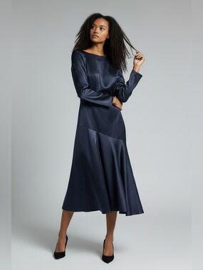 LICHI “The One” Classic Navy Long-Sleeve Drop Waist Satin Dress